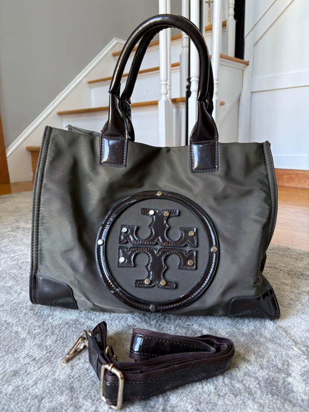 Dark Olive Tote Bag with Patent Trim